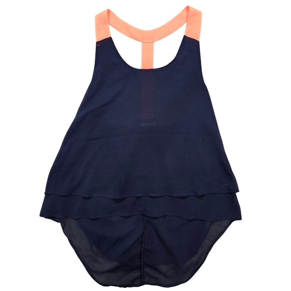 San Joy Navy Blue Layered Chiffon Tank Top Neon Coral T-Back High Low Hem Womens